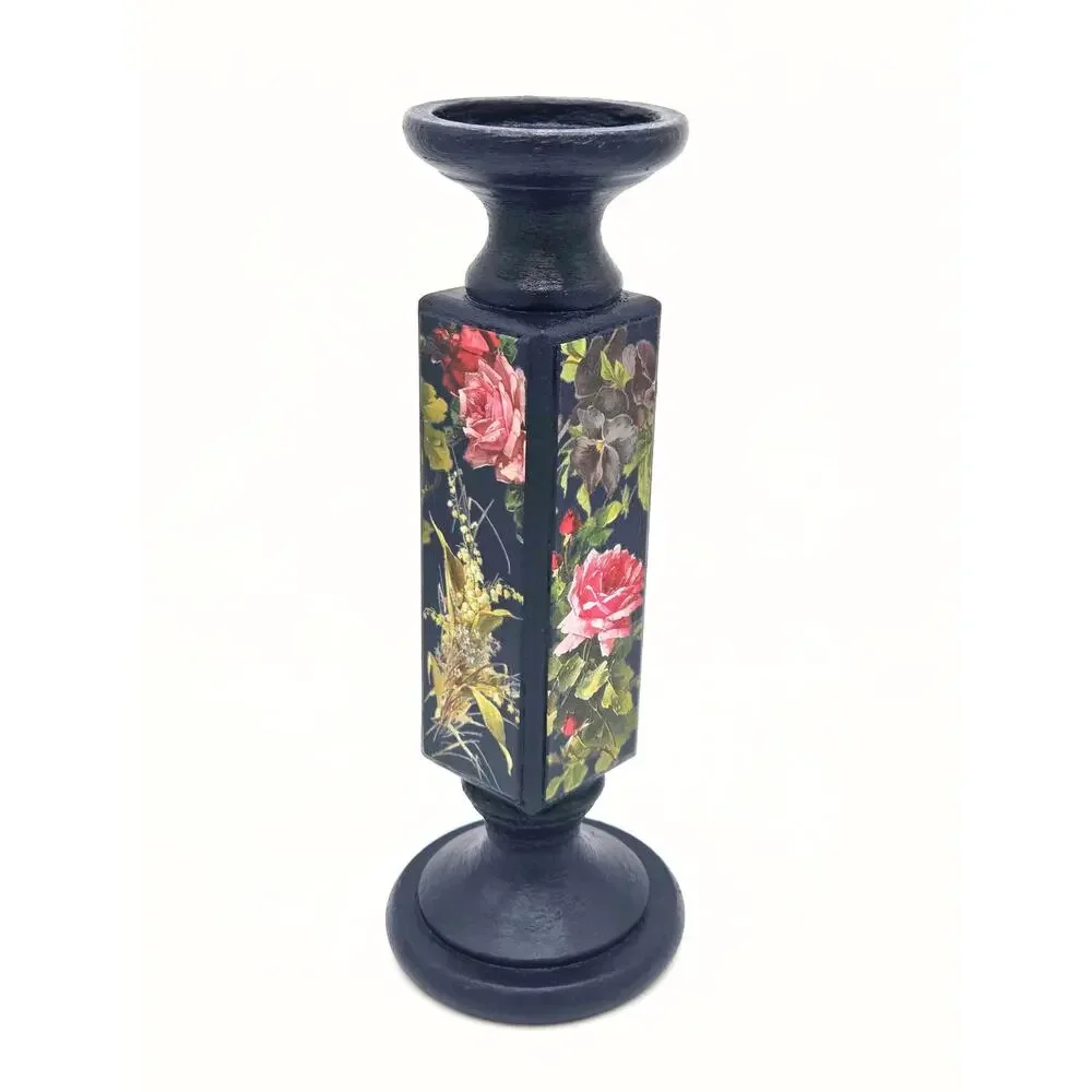 Navy Floral Tall Candle Holder - Upcycled Wood Pillar Stand Decor